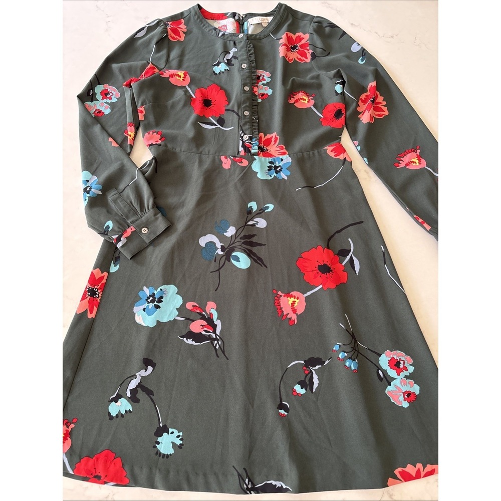Loft Womens 4 Shirt Dress Multi Floral Woven  Zipper 1/2 Button Midi Long Sleeve
